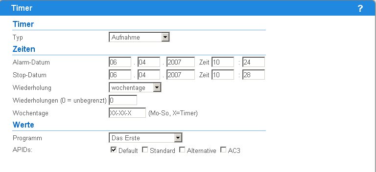 Anlegen des Timers im Webinterface