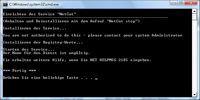 Fehlermeldung bei der Installation vom NC-Service.