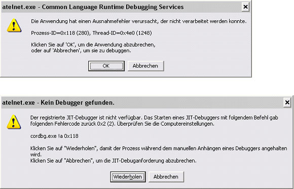 Fehlermeldungsfenster bei nicht erfolgreichen Aufnahmen